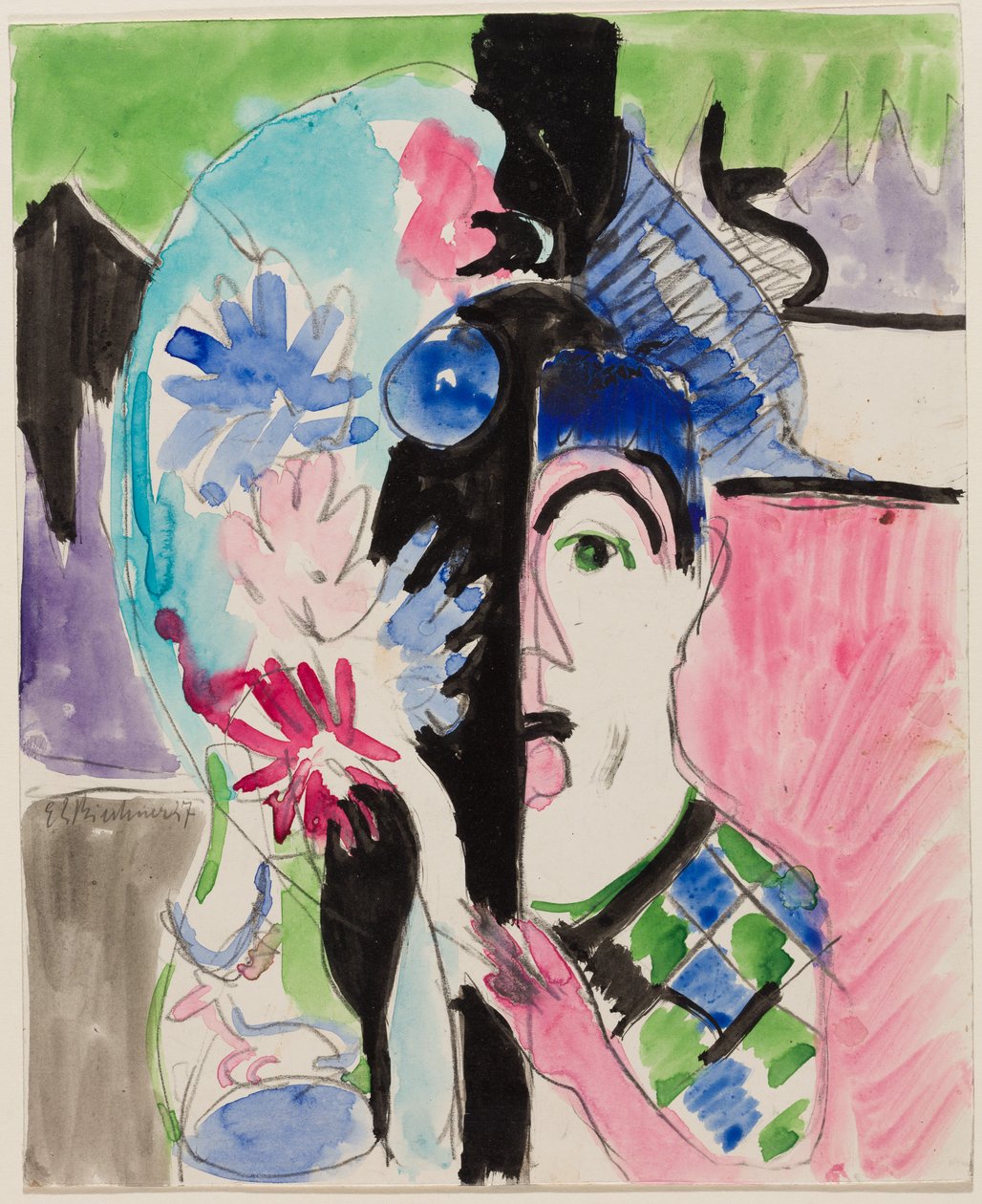Studie k obrazu „Mlynářova hlava s květinami“ od Ernst Ludwig Kirchner