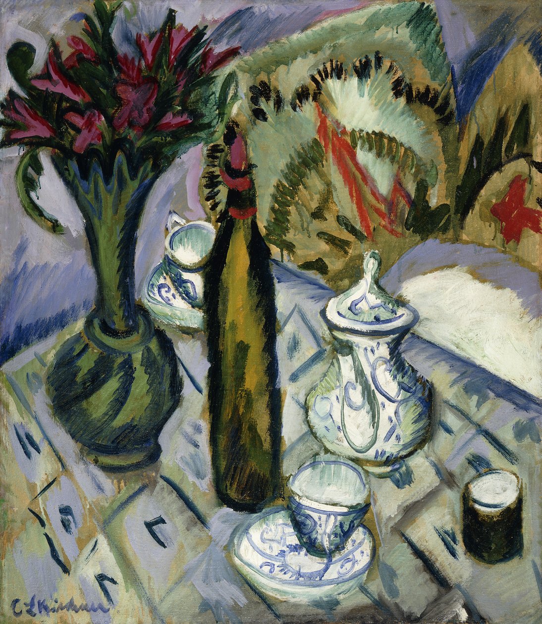 Čajová konvice, láhev a červené květy; Čajová konvice, láhev a červené květy, 1912 od Ernst Ludwig Kirchner