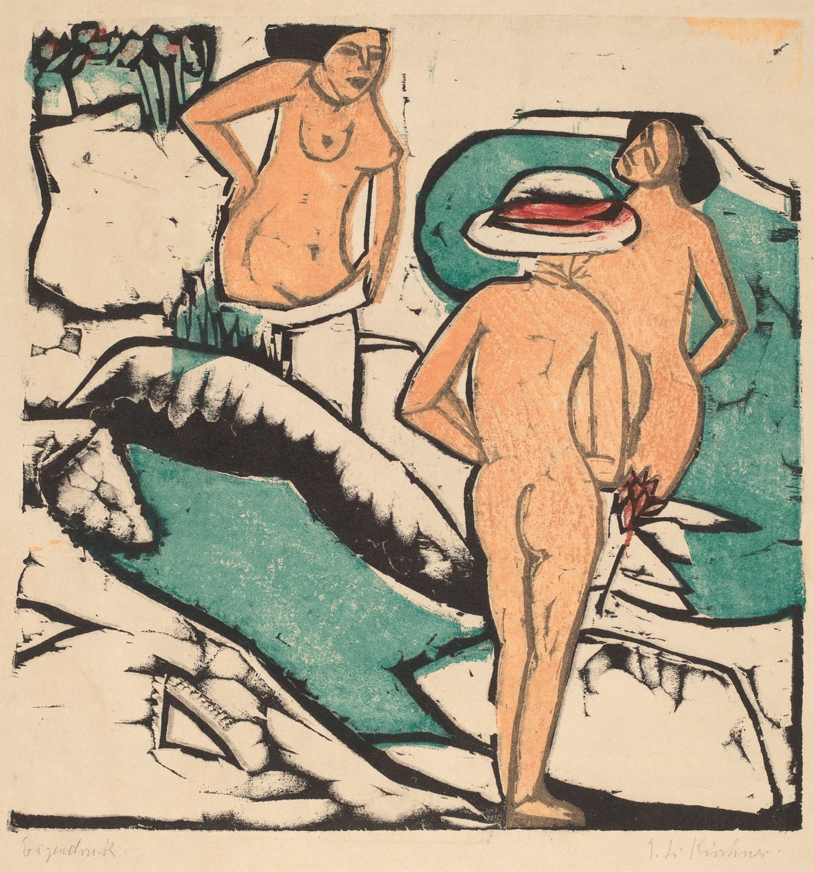 Women Bathing Between White Stones, 1912 (barevný dřevoryt tištěný v černé, zelené, oranžové a červené) od Ernst Ludwig Kirchner