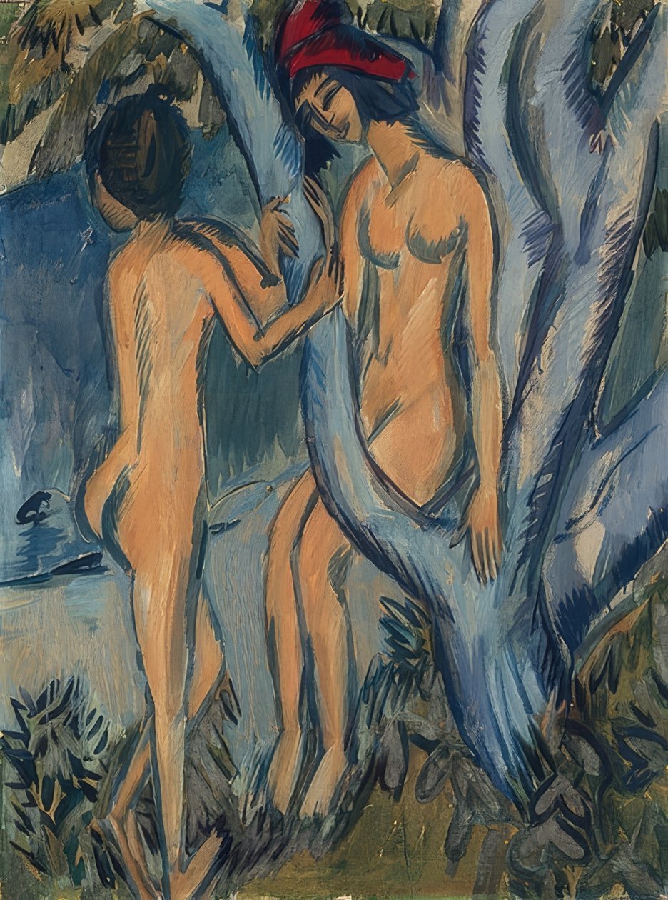Dva akty na stromě, Fehmarne. 1912-13 od Ernst Ludwig Kirchner