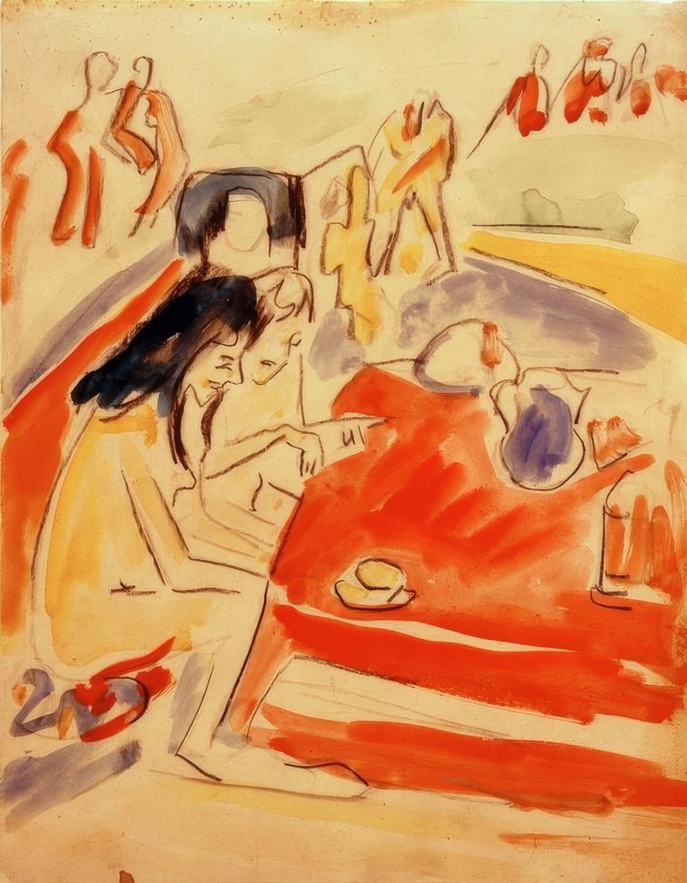 Dvě dívky sedí u stolu od Ernst Ludwig Kirchner