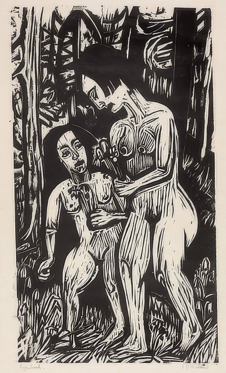 Dvě nahé dívky s květinami v lese. 1923 od Ernst Ludwig Kirchner