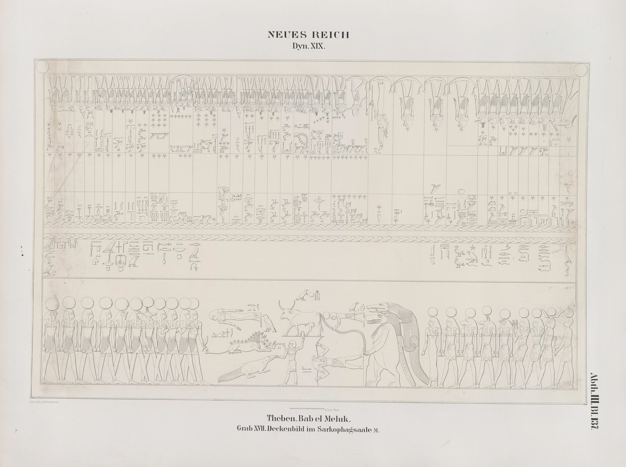 Kresba nástropní malby v sále sarkofágu, 19. dynastie, Théby, Biban-el-Muluk, Nová říše, ilustrace z „Památky Egypta a Etiopie...“, od Richarda Lepsia od Ernst Weidenbach