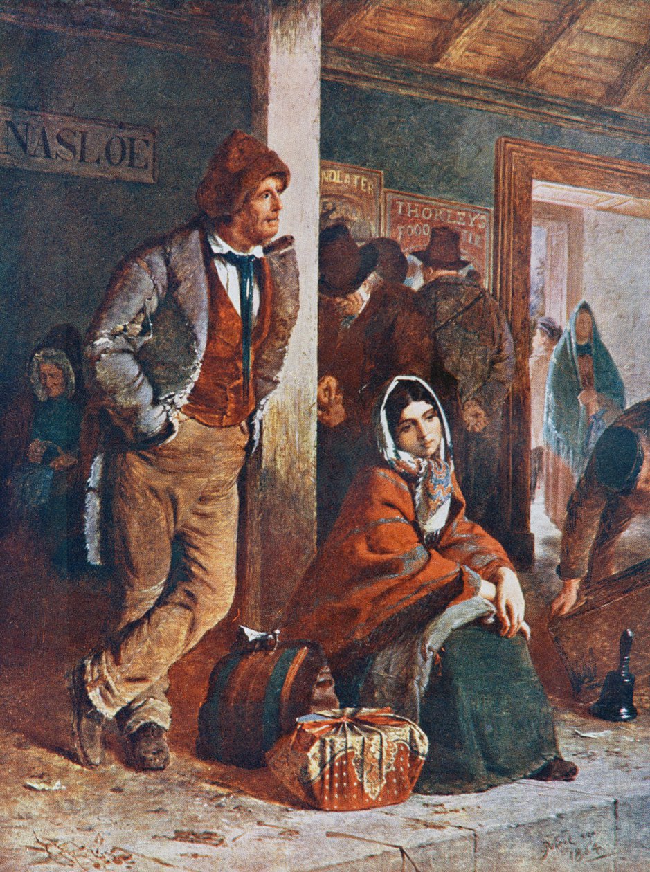 Irští emigranti na nádraží Ballinasloe na cestě do Galway v Irsku, kde se v 19. století nalodili na lodě do Ameriky, podle obrazu Erskina Nicola. od Erskine Nicol
