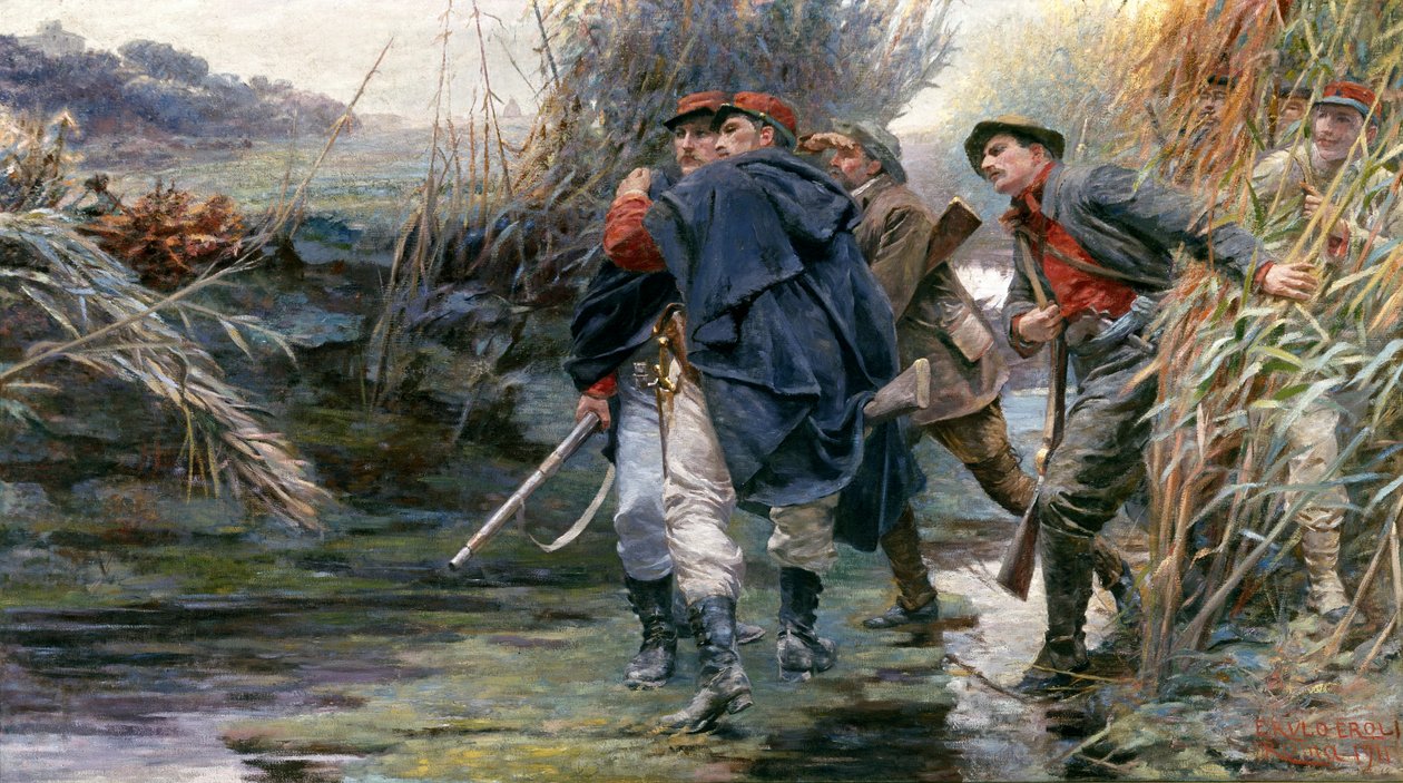 Bratři Enrico a Giovanni Cairoliové podél Tibery k vile Glori, aby osvobodili Řím od papežské vlády. od Erulo Eroli