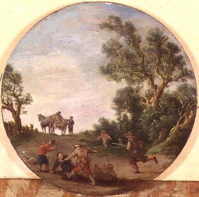 Zbojníci útočí na cestovatele na dráze u lesa od Esaias II van de Velde