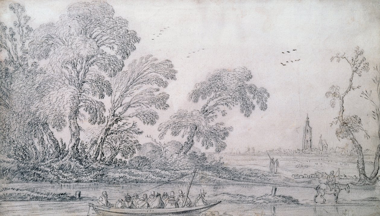 Horsedrawn Ferry na kanálu, za Haagem (černá křída) od Esaias I van de Velde