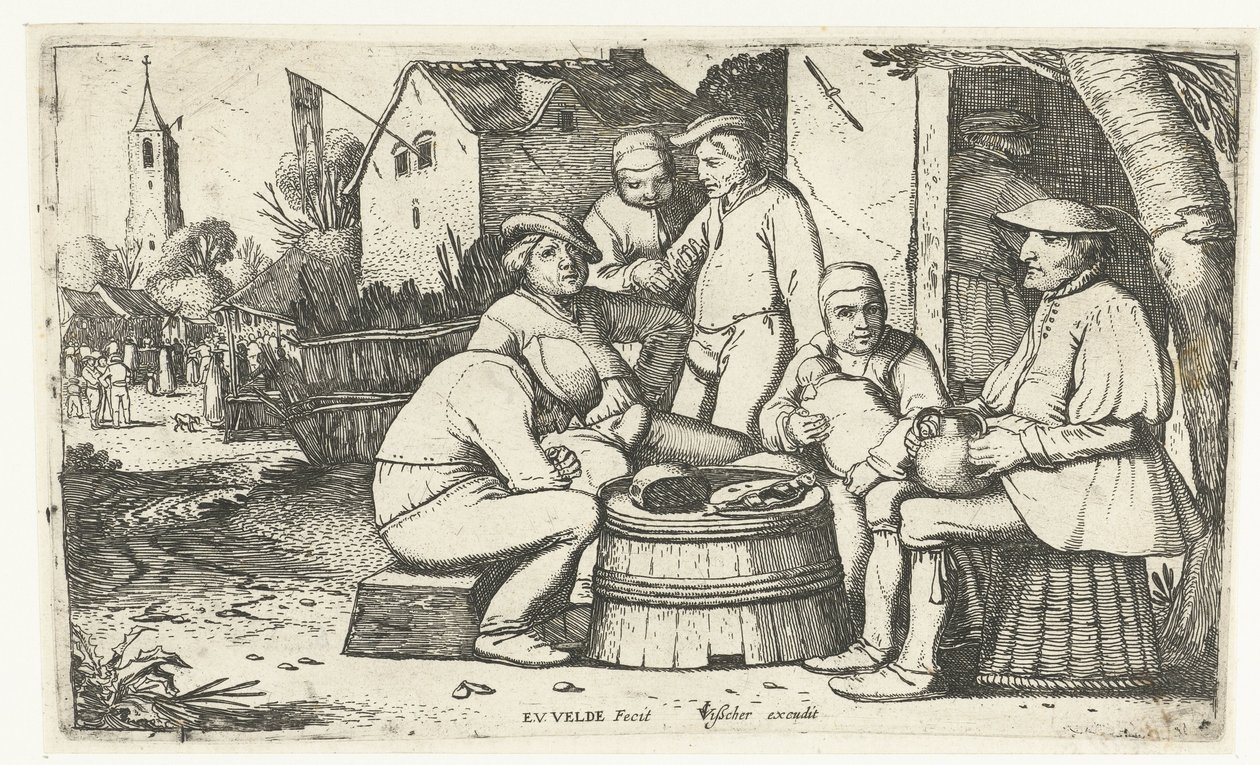 Šest sedláků sedících kolem sudu v hostinci od Esaias van de Velde
