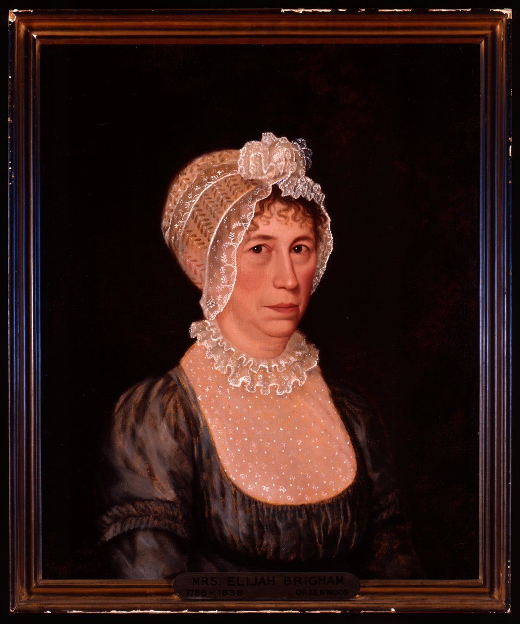 Portrét Sarah Ward Brighamové v šatech s nízkým výstřihem a krajkovým čepcem v polovině délky. od Ethan Allen Greenwood