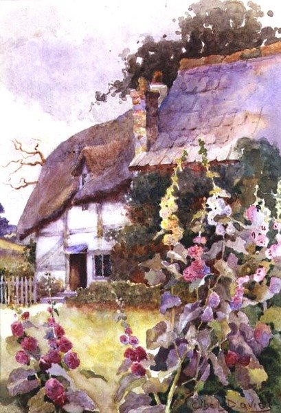 Hollyhocks mimo doškovou chalupu (akvarel) od Ethel Davies