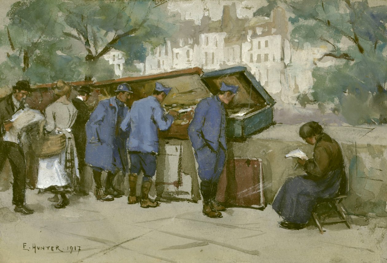 Francouzští vojáci a Bouquinistes podél Seiny, 1917 (wc na světle šedém papíře) od Ethel Hunter