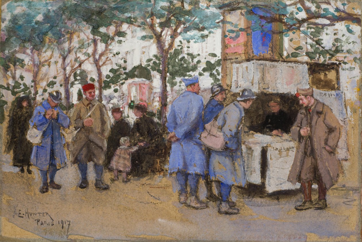 Vojáci na novinovém stánku, Paříž, 1917 od Ethel Hunter