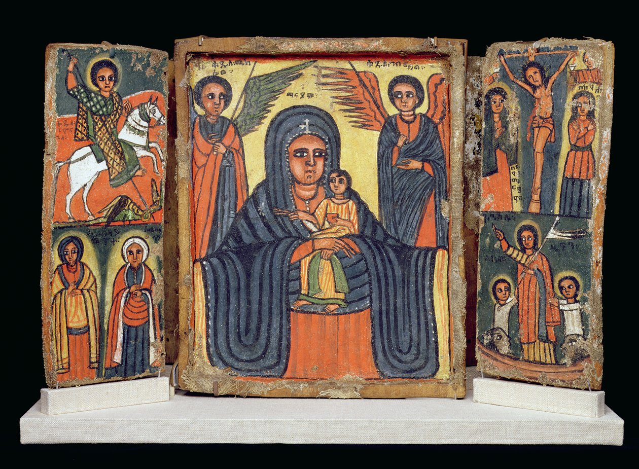Dvojitý triptych, kultura Amhara (gesso a pigment na plátně) (viz také 212139) od Ethiopian School