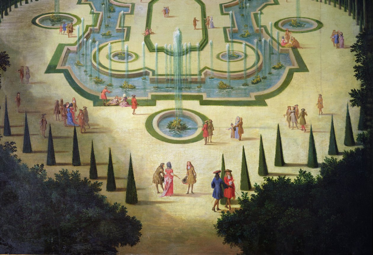 La Salle des Festins ou Salle du Conseil detail rybníků a postav v popředí, asi 1688 olej na plátně od Etienne Allegrain