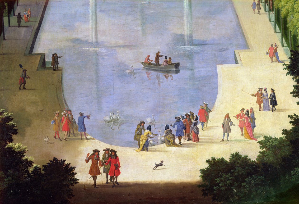 Le Bassin du Miroir deau a Île Royale detail postav poblíž rybníka, olej na plátně kolem roku 1688 od Etienne Allegrain
