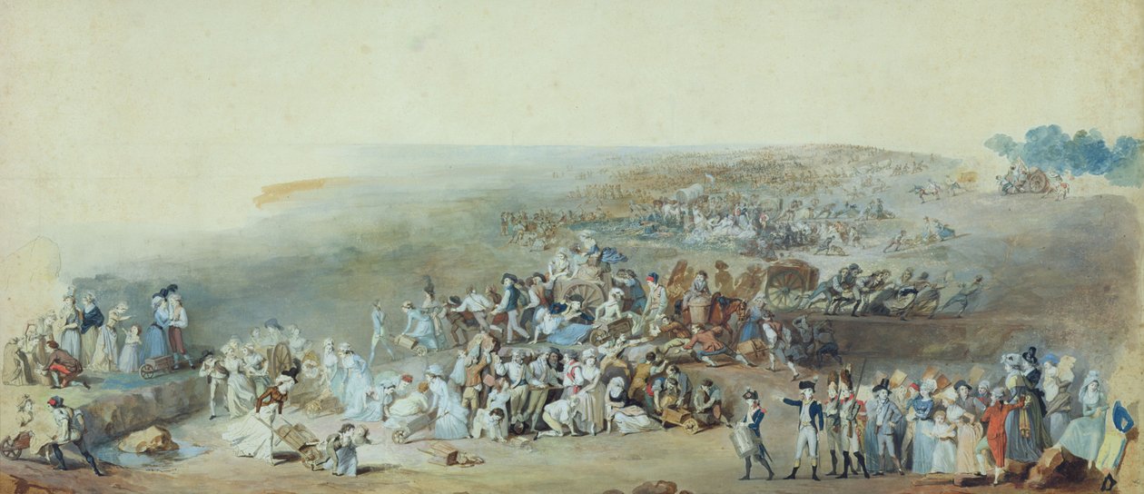 Pařížané na Champ de Mars Příprava na Fete de la Federation, 14. července 1790 (pero a inkoust a kvaš na papíře) od Etienne Charles Leguay