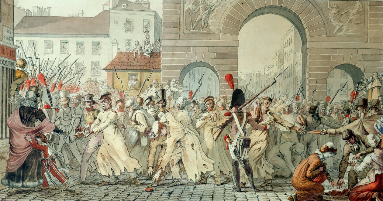 Ruští zajatci defilovali na Boulevard Saint-Martin po bitvě u Montmirail, 17. února 1814 (pero a inkoust a wc na papíře) od Etienne Jean Delecluze