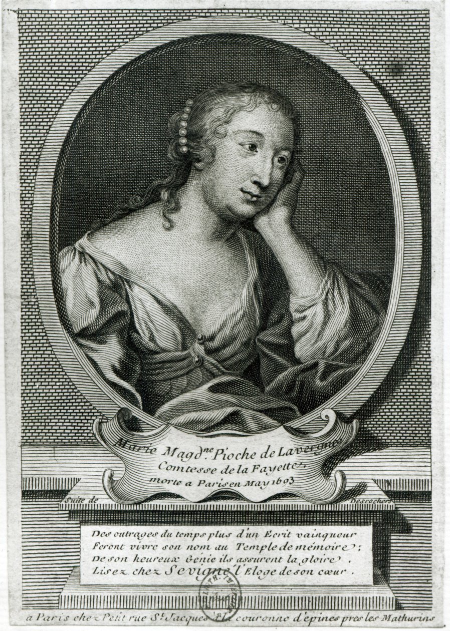Medailonový portrét madame de La Fayette, francouzské spisovatelky od Etienne Jehandier Desrochers
