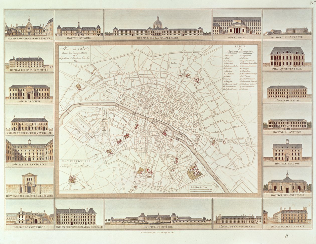 Plán Paříže s vyznačením civilních nemocnic a domovů, 1818, publikoval v roce 1820 od Etienne Jules Thierry