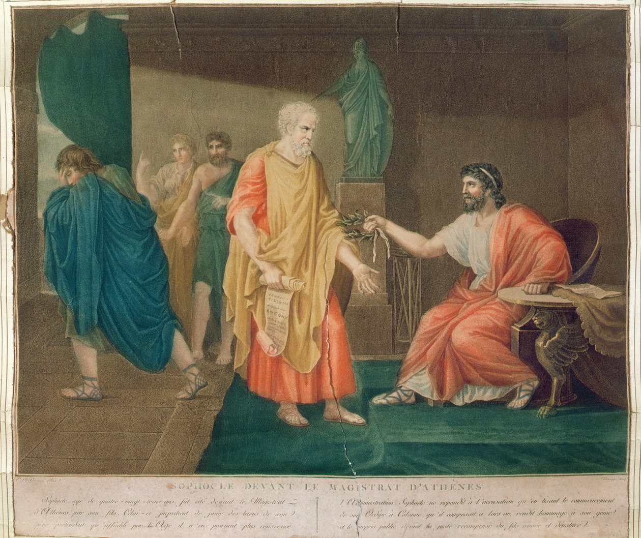 Sofokles (asi 496-405 př. n. l.) je ve věku 83 let poctěn athénským soudcem olivovým věncem (barevná rytina) od Etienne Barthelemy Garnier