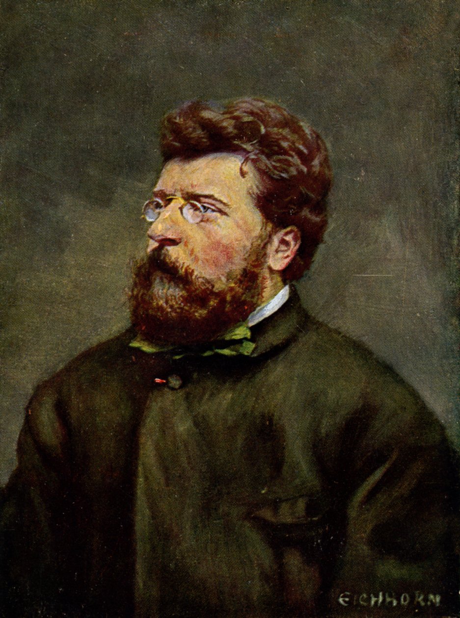 Hudba. Francouzský skladatel Georges Bizet. Ilustrace Georges Bizet, Rakousko, kolem roku 1900 (pohlednice) od Etienne (after) Carjat