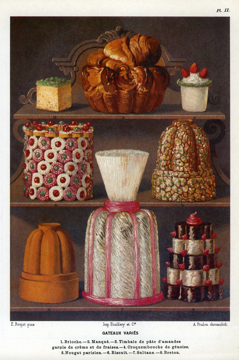 Koláče se různí: brioška, nedostatek, tympány z mandlové pasty přelité smetanou a jahodami, croquenbouche de genoise, pařížský nugát, sušenka, sultane, bretaňský - talíř č. 2 z knihy cukráren od Julese Gouffea, důstojníka de bouche du Jockey-Club de Paříž  od Etienne (after) Ronjat