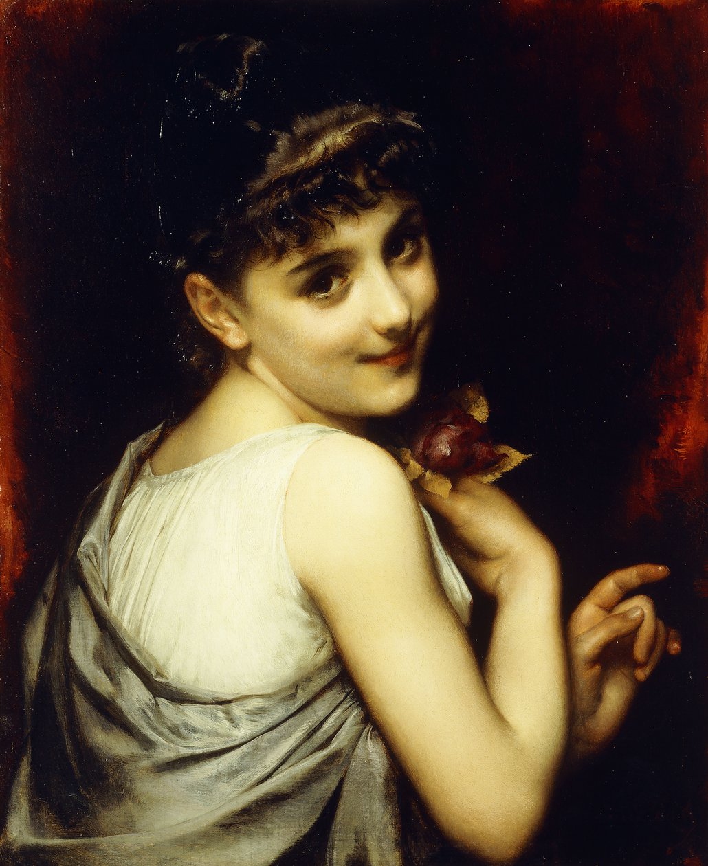 Mladá kráska držící červenou růži, od Etienne Adolphe Piot