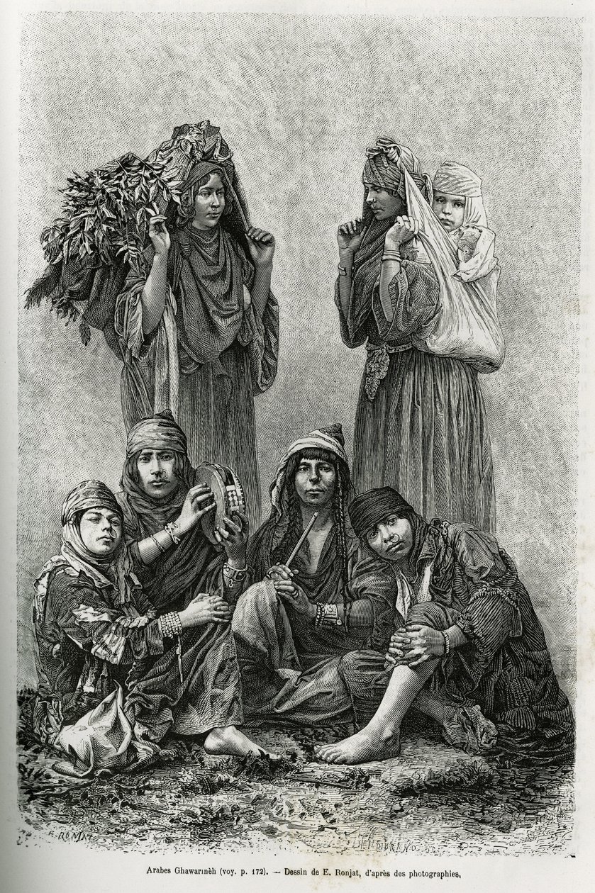 Arabové Ghawarineh, nomádi z povodí Mrtvého moře. Rytina E. Ronjata pro ilustraci dnešního příběhu Sýrie od M. Lorteta, děkana lékařské fakulty v Lyonu, pověřeného vědeckým posláním ministerstva veřejného školství, publikovaná v T od Etienne Antoine Eugene Ronjat
