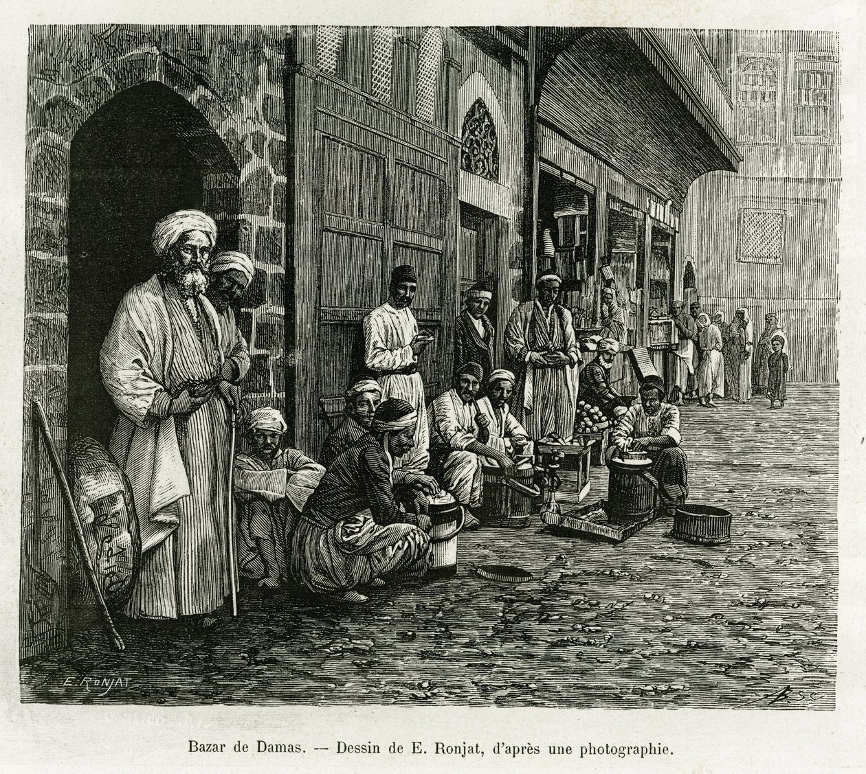 Damašský bazar. Rytina E.Ronjata pro ilustraci příběhu La Syria d