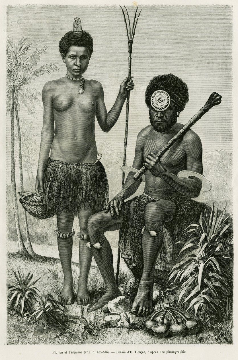 Fidžijský pár. Rytina E.Ronjata k ilustraci příběhu Promenades en Oceanie, od Aylic Marin, in le tour du monde 1887, režie Edouard Charton (1807-1890), Hachette, Paříž. od Etienne Antoine Eugene Ronjat