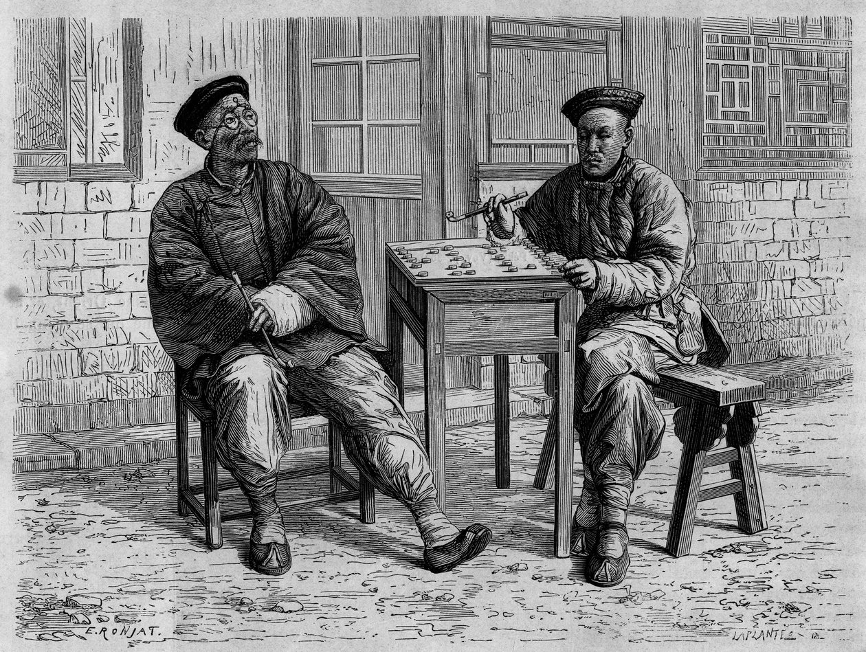 Vydejte se hráči do ulic Pekinu (Peking) v 19. století. Rytina podle kresby Ronjata, podle fotografie doktora Morache, v „Le Tour du Monde, Nouveau journal des Voyages“, editoval Edouard Charton, Paříž od Etienne Antoine Eugene Ronjat