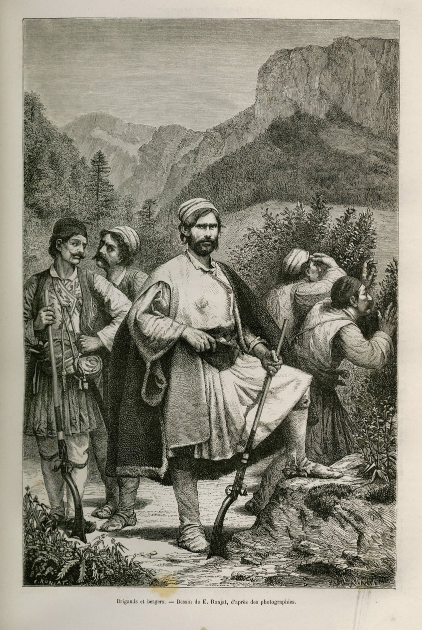 Řečtí lupiči a pastýři, komplicové v horách, kresba E.Ronjata, k ilustraci příběhu Henri Belle: Cesta do Řecka od Etienne Antoine Eugene Ronjat