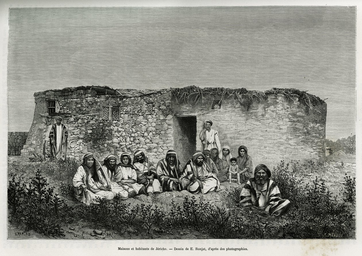 Domy a obyvatelé Jericha (Západní břeh). Rytina od E.Ronjata pro ilustraci dnešního příběhu Sýrie od M.Lorteta, děkana lékařské fakulty v Lyonu, pověřeného vědeckým posláním ministerstva veřejného školství, zveřejněno v Tour od Etienne Antoine Eugene Ronjat