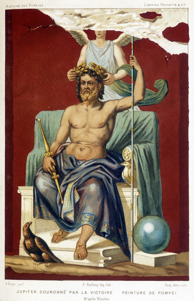 Jupiter (Zeus) korunovaný vítězstvím - podle fresky od Pompejí, kterou vychoval Nicolini. od Etienne Antoine Eugene Ronjat
