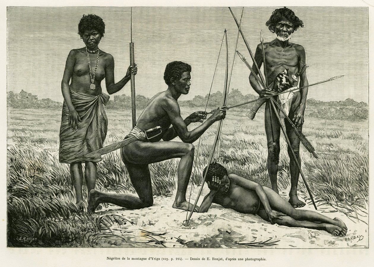 Negritos z hory Yriga. Rytina E.Ronjata k ilustraci příběhu Lucon a Palaouan, šest let na Filipínách, Alfred Marche (1844-1898), v le tour du monde 1886, režie Edouard Charton (1807-1890), Hachette, Paříž. od Etienne Antoine Eugene Ronjat