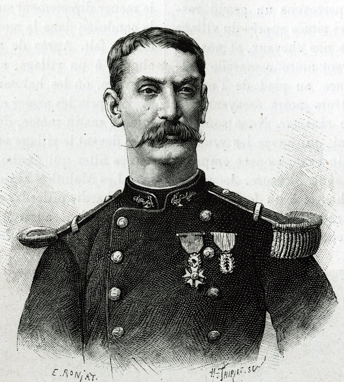 Portrét velitele Josepha Gallieniho, během expedice v Africe (1879-1882). Rytina E. Ronjata po fotografii pro ilustraci příběhu „Exploration du Haut Niger (Haut Niger)“ (dnešní Mali) od velitele Josepha Gallieniho (1849-1916) č. od Etienne Antoine Eugene Ronjat