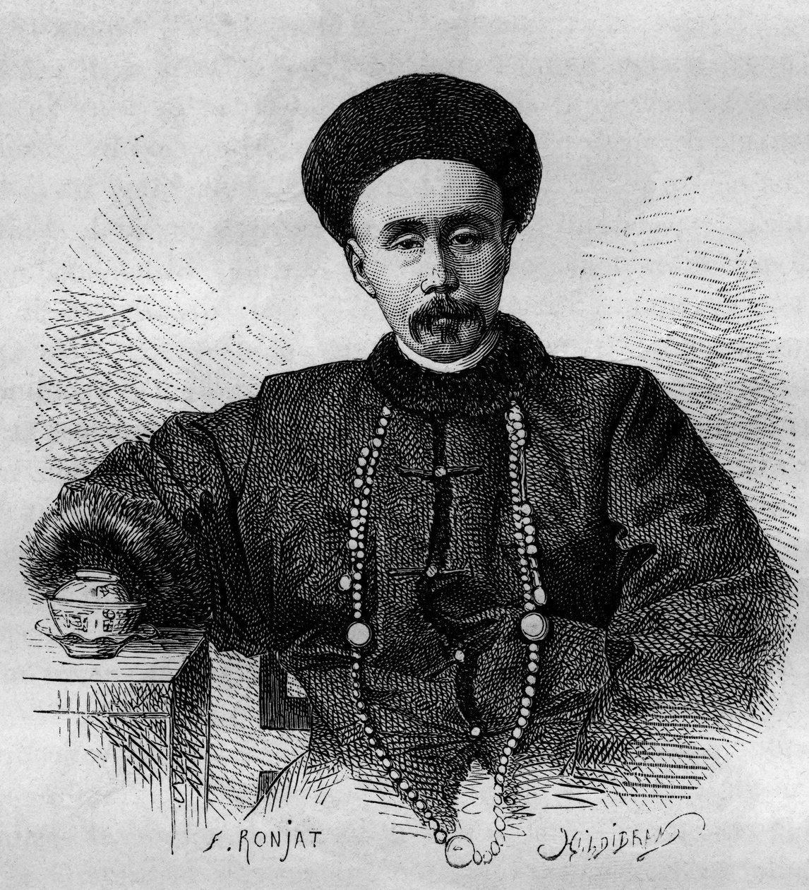 Portrét Li Hongzhanga (1832-1901), čínského generála a vicekrále (místokrále) Zhili v letech 1871 až 1895 a 1900 až 1901. Rytina z kresby Ronjat, z fotografie Thomsona, v „“ Le Tour du Monde, Nouveau journal des Voyages””, editováno od Etienne Antoine Eugene Ronjat