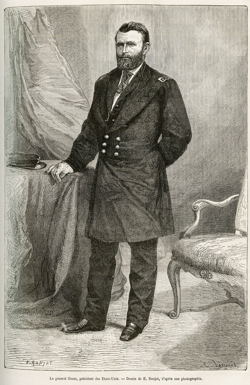 Portrét Ulyssese Granta (1822-1885), amerického generála, vůdce unijních jednotek během Secesní války a 18. prezidenta Spojených států (Spojené státy americké) po dvě funkční období od roku 1869 do roku 1877. Rytina podle kresby E.Ronjata, do ilustrovat st od Etienne Antoine Eugene Ronjat