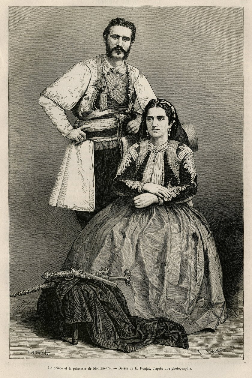 Portréty prince Černé Hory Nicholase I. Petrovicze Niegosche (1841-1921) a jeho manželky Mileny, rozené Voukovich (1847-1923), kresba E. Ronjata, pro ilustraci cesty do Černé Hory, v roce 1874, Charles Yriarte (1832) -1898). Rytina v Le tour du od Etienne Antoine Eugene Ronjat