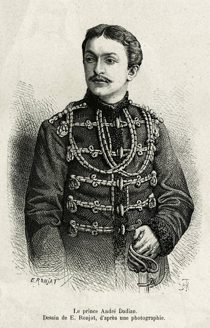 Princ Andre Dadian z Mingrelie (1850-1910), generál ruské armády a mistr v šachu. Rytina od E. Ronjata k ilustraci příběhu Un tour en Mingrelie (region Gruzie, rozprostírající se mezi Kavkazem a Rionem), Carla Serena, v letech 1876-187 od Etienne Antoine Eugene Ronjat