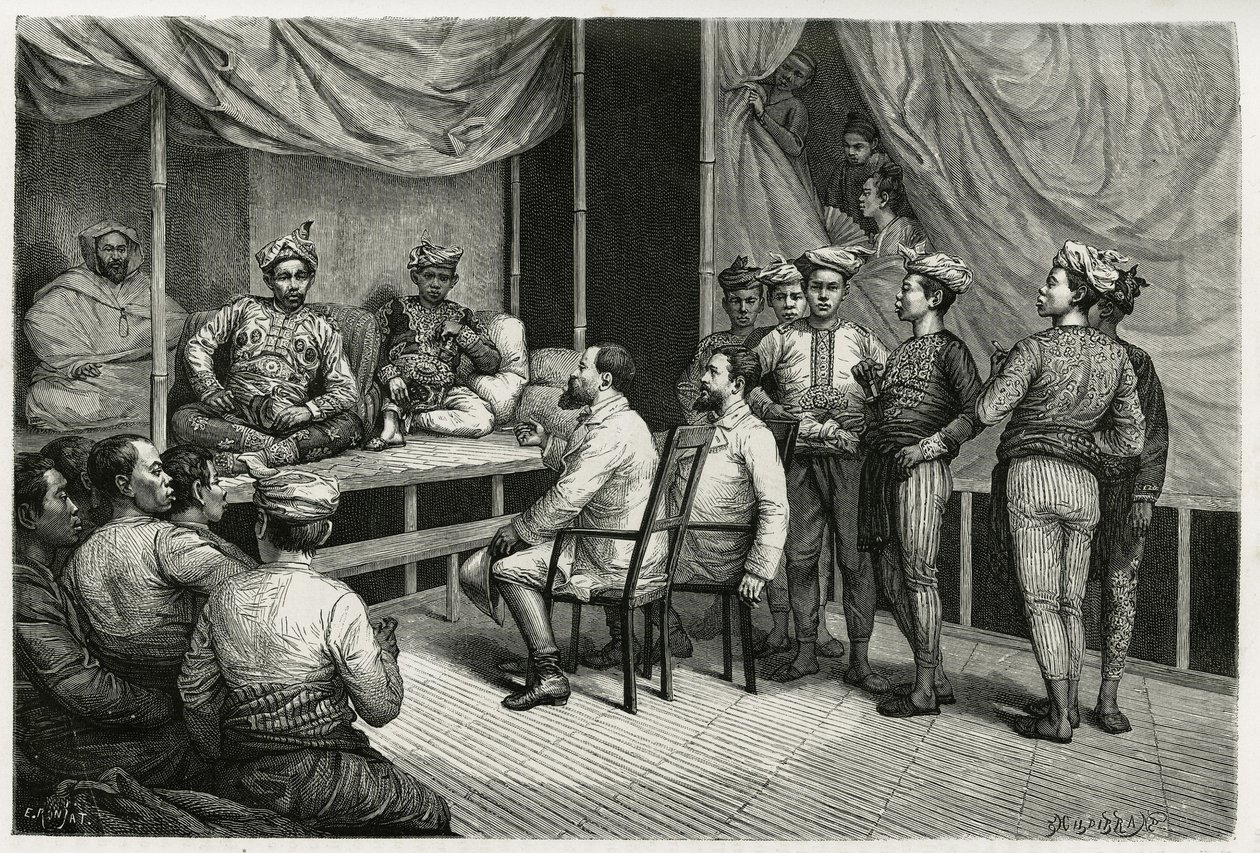 Přijetí cestujících v paláci sultána Soulou (nebo Sulu) (souostroví na Filipínách), Mohammed Yamalul Alam. Rytina E. Ronjata pro ilustraci příběhu „“ Cesta na Filipíny““ od Etienne Antoine Eugene Ronjat