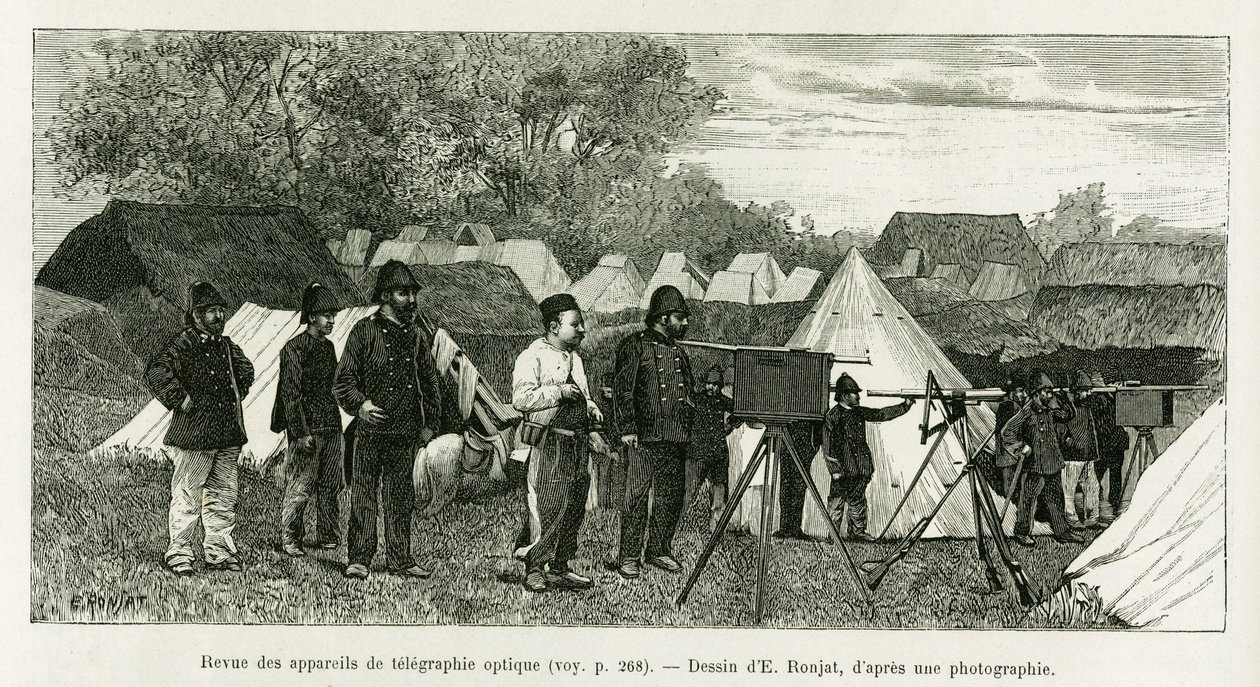 Revize přístrojů pro optickou telegrafii. Rytina E. Ronjata k ilustraci příběhu Trente mois au Tonkin, v roce 1884, od lékaře Paula Hocquarda, v le tour du monde 1890, pod vedením Edouarda Chartona (1807-1890), Hachette, Paříž. od Etienne Antoine Eugene Ronjat