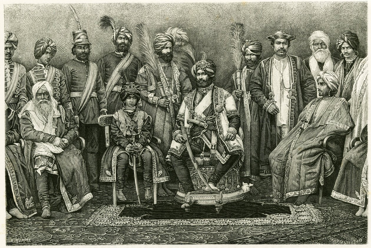 Kašmírský maharádža, Rambhir Sing a jeho dvůr. Rytina E. Ronjat k ilustraci příběhu „Portrét pařížské ženy v západním Himálaji“ z roku 1881 od Marie de Ujfalvy-Bourdon (Ujfalvy Bourdon). Publikováno v Tour du monde, 2. semestr od Etienne Antoine Eugene Ronjat