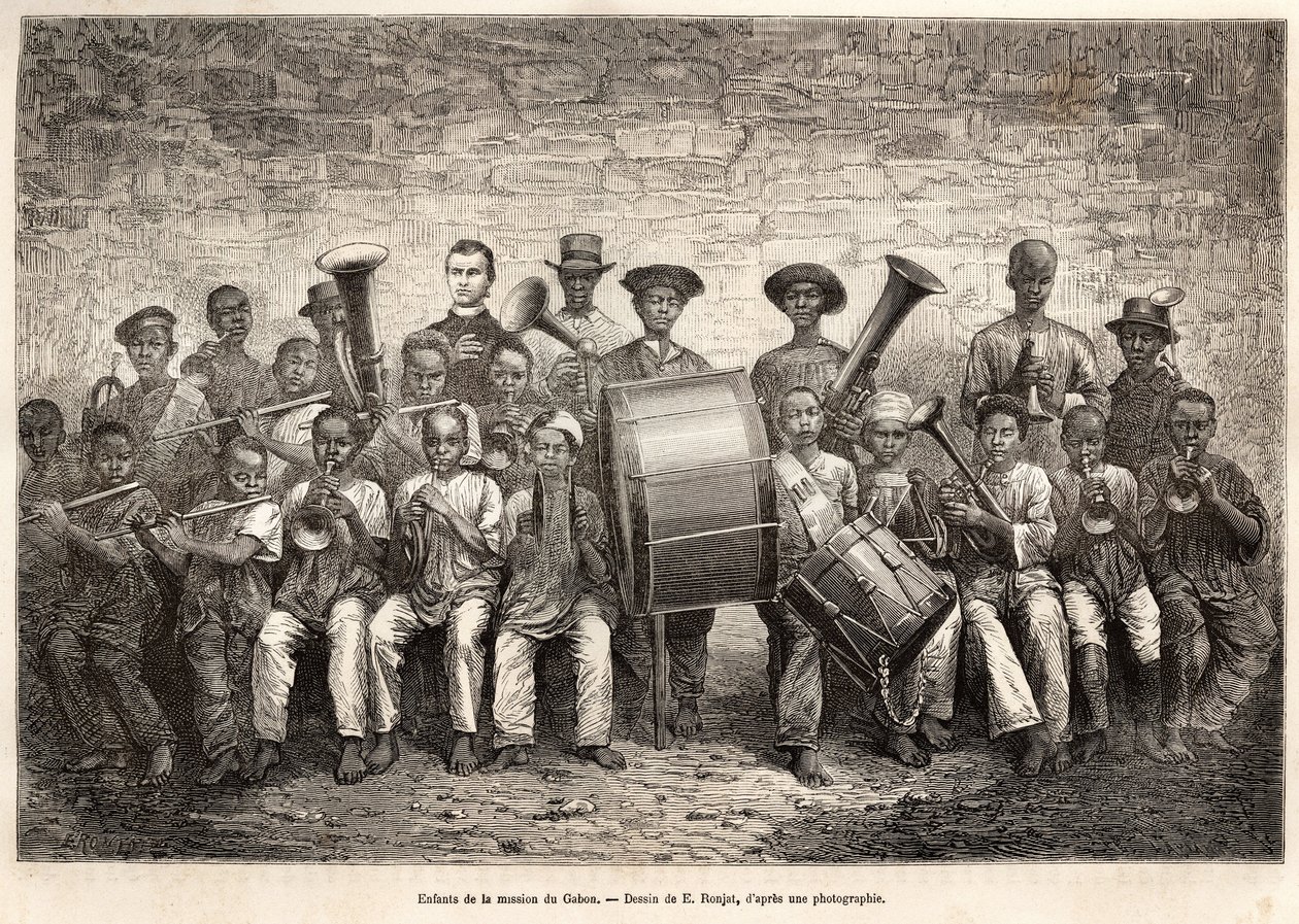 Skupina dětí gabonské mise. Rytina podle kresby E. Ronjata, pro ilustraci plavby na pobřeží Afriky, od viceadmirála Fleuriota de Langle, v roce 1868, publikovaná v „“Le tour du monde““ 1876, editoval Edouard Charton, Hachet od Etienne Antoine Eugene Ronjat