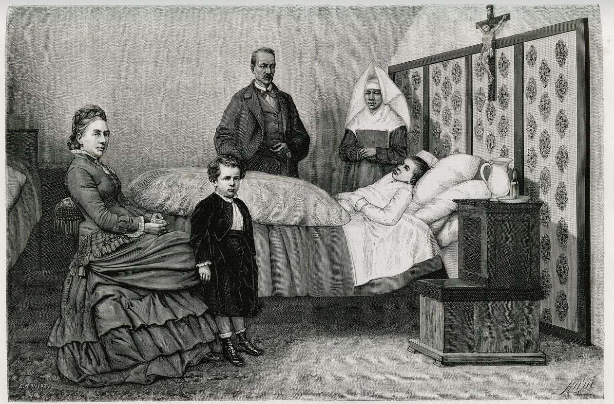 Konzultace lékaře v hospici Logelbach. Rytina E.Ronjata k ilustraci příběhu „Alsasko a Lotrinsko“, v roce 1884, od Charlese Grada (1842-1890), německého zástupce, spisovatele a přírodovědce. Publikováno v Le Tour du monde, nouveau journal d od Etienne Antoine Eugene Ronjat
