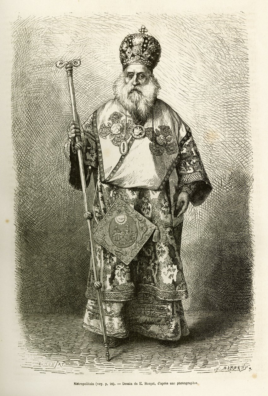 Metropolitní předvečer nové katedrály v Athénách. Rytina podle kresby E. Ronjata pro ilustraci plavby do Řecka od Henriho Belleho v letech 1861-1868-1874, publikovaná v „“Le tour du monde“““ 1876, editoval Edouard Charton, vydání Hachette, od Etienne Antoine Eugene Ronjat