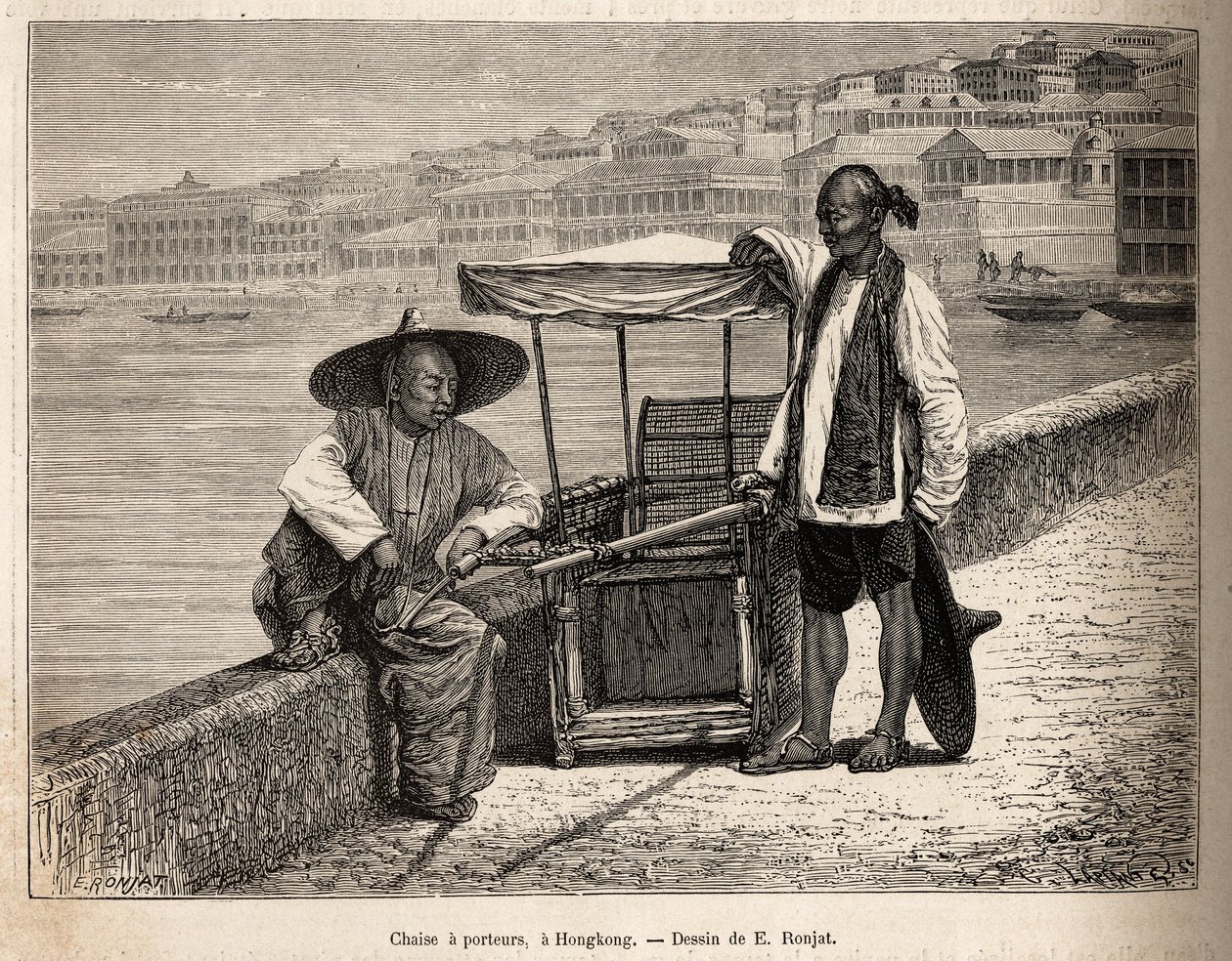 Dva nosiči odpočívající vedle invalidního vozíku v Hong Kongu, rytina podle kresby E. Ronjata ilustrující cestu do Číny, od J. Thompsona, v letech 1870-1872, publikovaná v „“Le tour du monde“““ 1875, vyd. Edouard Charton, vydání Hachette, Paříž. S od Etienne Antoine Eugene Ronjat