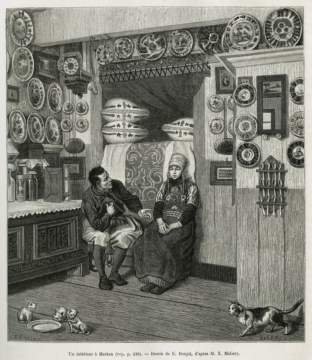 Un interieur à Marken (Pays Bas), rytina podle kresby E. Ronjata, pro ilustraci příběhu Neerlande, Charles de Coster, v roce 1878, publikovaná v tour du monde, pod vedením Edouarda Chartona od Etienne Antoine Eugene Ronjat