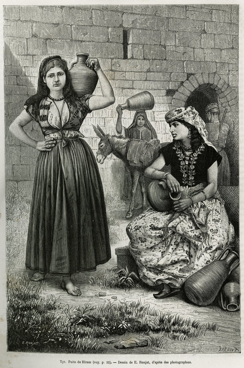 Ženy nesoucí džbány poblíž studny Hiram v Tyru. Rytina E.Ronjata pro ilustraci příběhu La Syria d