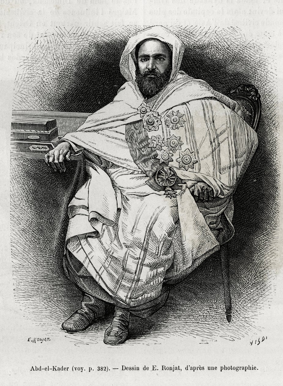 portrét Abda El Kadera (1808-1883) alžírského emíra a sultána, súfijského teologa, politika a vojenského odporu vůči francouzské koloniální armádě, také spisovatele, básníka a filozofa. Rytina E.Ronjata pro ilustraci příběhu La Syria d